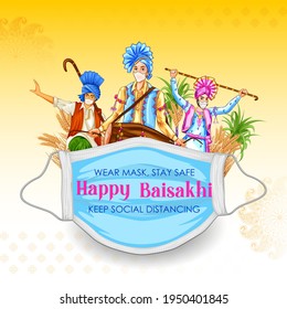 illustration of Happy Vaisakhi Punjabi spring harvest festival of Sikh celebration background with people wearing mask showing precaution for deadly Corona Covid 19 virus
