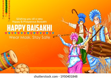 illustration of Happy Vaisakhi Punjabi spring harvest festival of Sikh celebration background with people wearing mask showing precaution for deadly Corona Covid 19 virus