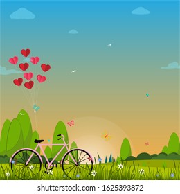 Illustration of happy valentine day, balloon heart shape hang the bicycle. sun rise at nature background 