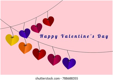 Illustration of Happy Valentine's Day card in pink color. Colorful Hearts vector is hanging on the line.