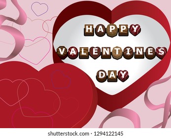 Illustration of a Happy Valentine's Day greeting card with chocolate bonbons in a heart shaped box and ribbons.