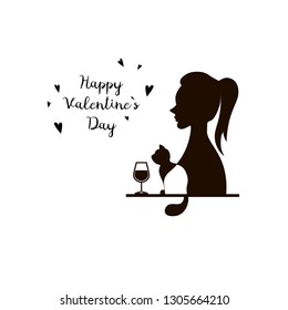 Illustration of happy Valentine's day silhouette of a girl with a cat and wine humor