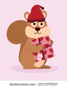  Illustration Happy Valentine's Day with Squirrel Holding Present Love Pattern