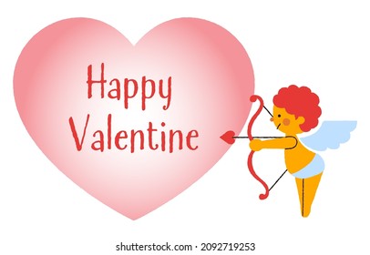 An illustration of Happy Valentine's letters and a pink heart, and an illustration of a cute Cupid holding a bow and arrow.Vector data that is easy to edit.