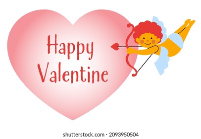 An illustration of Happy Valentine's letters and a pink heart, and an illustration of a cute Cupid holding a bow and arrow.Vector data that is easy to edit.