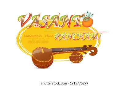 Illustration of Happy Vasant Panchami with sitar background.