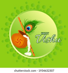 Illustration of Happy Vishu. Kerala festival with Vishu Kani,vishu flower Fruits and vegetables, Cassia flower. worship of krishna