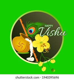 Illustration of Happy Vishu.  worship of krishna. cassia fistula flower.