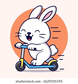 Ilustração de um coelho branco feliz montando uma scooter azul. Perfeito para produtos para crianças, livros e design de mercadorias
