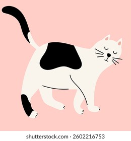 Illustration with happy white cat stands isolated on pink background. Vector illustration for your projects.
