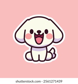 Illustration of a happy white dog with a heart-shaped nose sitting on a pastel pink background. A fun and lovable design for animal-themed projects.