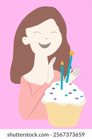 Illustration of happy woman applauding in front of cupcake celebrating birthday, face cartoon illustration drawing flat