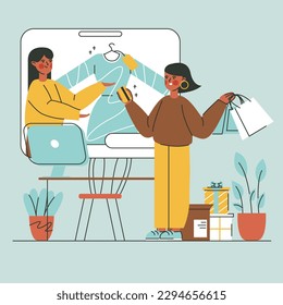 Illustration of happy woman buys dress online on website on laptop from home, holds out credit card for payment and shopping bags in hand. Cartoon vector flat illustration
