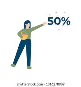 illustration of a happy woman carrying a basket filled with flowers and sowing flowers or paper. present or notify that there is a 50% discount. promotions and offers concept. flat style. element