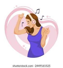 Una ilustración de una mujer feliz bailando con auriculares, con un fondo rosa vibrante, expresando alegría y disfrute de la música. Ilustración vectorial