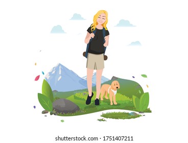 Illustration of happy woman hiking with a dog in the summer landscape. Vector flat illustration