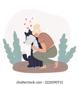 Illustration of a happy woman hugging a dog.The concept of love for pets and friendship between animal and person,adopt don't shop