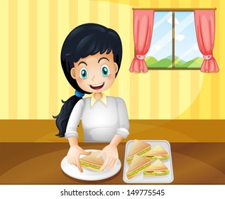 Illustration of a happy woman preparing sandwiches