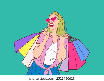 Illustration of happy woman with shopping bags, shopping happily in retro style, happy shopping, Design wallpaper, background, phone screensaver, banner, flyer, print. Vector flat color.