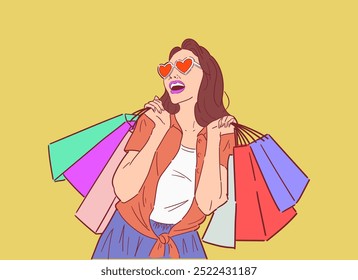 Ilustração de mulher feliz com sacolas de compras, compras felizes no estilo retro, compras felizes, papel de parede do design, fundo, protetor de tela do telefone, banner, flyer, imprimir. Cor plana do vetor.