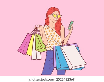 Ilustración de mujer feliz con bolsos de compras, compras felices en estilo retro, compras felices, Fondo de pantalla de diseño, fondo, protector de pantalla del teléfono, Anuncio, volante, impresión. Vector de color plano.