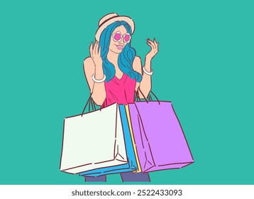 Illustration of happy woman with shopping bags, shopping happily in retro style, happy shopping, Design wallpaper, background, phone screensaver, banner, flyer, print. Vector flat color.