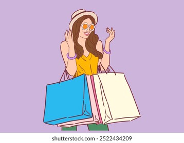 Illustration of happy woman with shopping bags, shopping happily in retro style, happy shopping, Design wallpaper, background, phone screensaver, banner, flyer, print. Vector flat color.