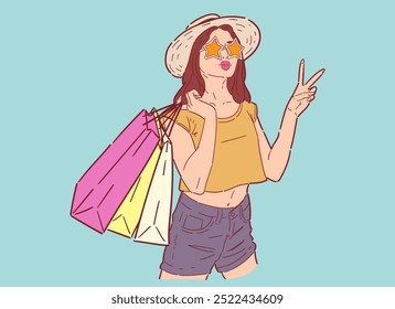 Illustration of happy woman with shopping bags, shopping happily in retro style, happy shopping, Design wallpaper, background, phone screensaver, banner, flyer, print. Vector flat color.