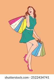 Illustration of happy woman with shopping bags, shopping happily in retro style, happy shopping, Design wallpaper, background, phone screensaver, banner, flyer, print. Vector flat color.