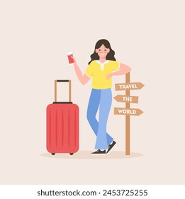 Illustration of a happy woman with a suitcase, with a passport and tickets in her hands. Inscription travel the world.