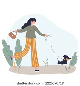 Illustration of a happy woman walking her dog in the park.The concept of outdoor activities and love for pets