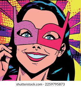 
Illustration of happy woman wearing carnival mask in pop art style.