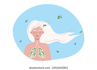 illustration of a happy woman with white hair and green leaves on her lungs. Concept of ecology, clean air, lung health. vector illustration