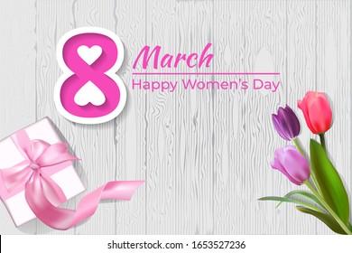 illustration of happy woman's day with wooden texture background. a gift box in pink. pink ribbon. tulips in purple, red, pink. vector illustration
