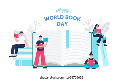 Illustration of a happy world book day concept. Modern young people read books. Men and women sitting on a book stack near the open book. Vector flat illustration.