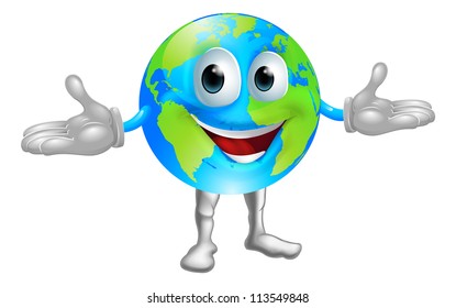 Illustration of a happy world globe character standing with hands out