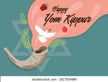 An illustration of Happy Yom Kippur background with shofar. Yom Kippur means Day of Atonement