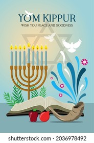 An illustration of Happy Yom Kippur background with shofar. Yom Kippur means Day of Atonement