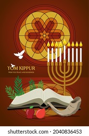 An illustration of Happy Yom Kippur background with shofar. Yom Kippur means Day of Atonement