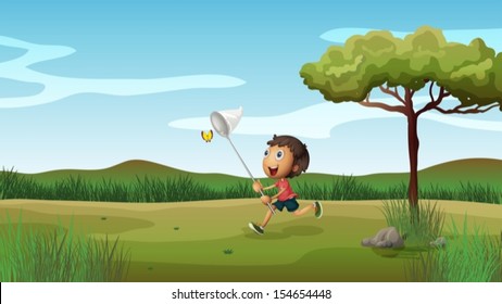 Illustration of a happy young boy catching butterflies