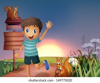 Illustration of a happy young boy at the hilltop with squirrels