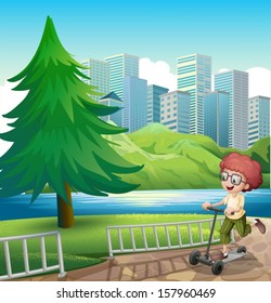 Illustration of a happy young boy playing with his scooter near the river