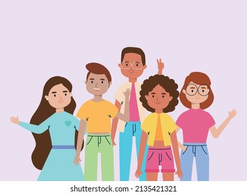 illustration of happy young friends waving