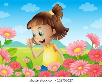 Illustration of a happy young girl smiling at the garden