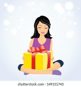 Illustration of  happy young girl that sits on floor and holds in hands gift box. EPS 10