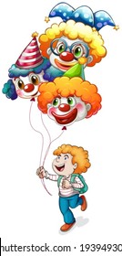 Illustration of a happy young man holding clown balloons on a white background