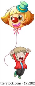 Illustration of a happy young man holding a clown balloon on a white background