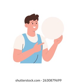 Illustration of a happy young man pointing at a blank speech bubble