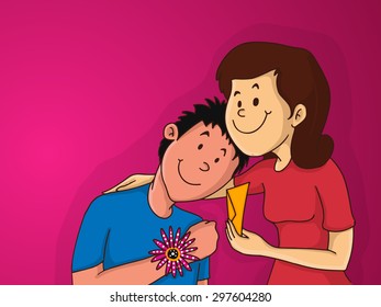 Illustration of a happy young sister hugging her younger brother while celebrating Raksha Bandhan festival.