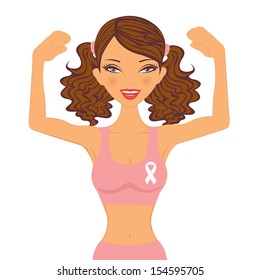 Illustration of happy young woman against breast cancer